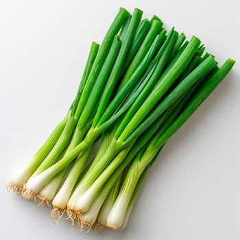 Fresh onion stems on white isolated background AI generated image