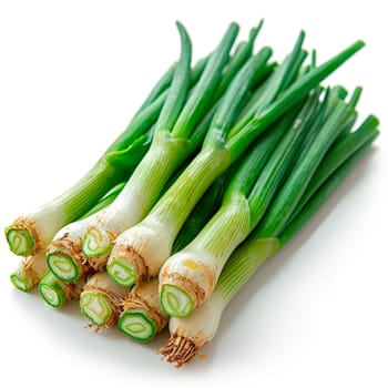 Fresh onion stems on white isolated background AI generated image