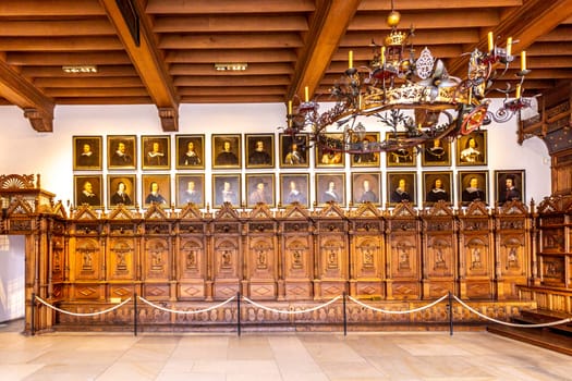 Muenster, Germany - April 30, 2022: scenic view to the room called Friedenssaal - engl: peace room - where the westphalia peace was signed in the medieval times.