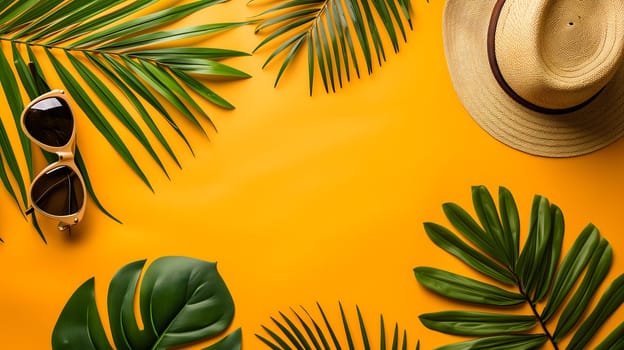 Hat, sunglasses, palm tree leaves on yellow background. Blank, top view, still life, flat lay. Sea vacation travel concept tourism and resorts. Summer holidays. Neural network generated image. Not based on any actual scene or pattern.