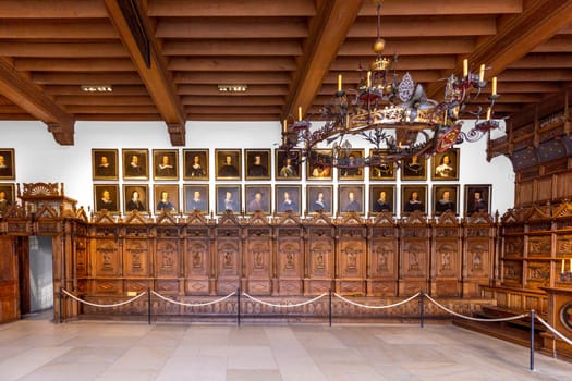 Muenster, Germany - April 30, 2022: scenic view to the room called Friedenssaal - engl: peace room - where the westphalia peace was signed in the medieval times.
