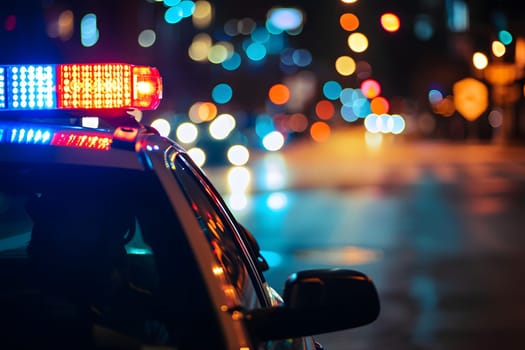 police car lights at night in city street with selective focus and bokeh. Neural network generated image. Not based on any actual person or scene.
