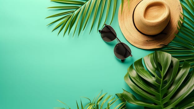 Hats, sunglasses, palm tree leaves on blue background. Blank, top view, still life, flat lay. Sea vacation travel concept tourism and resorts. Summer holidays. Neural network generated image. Not based on any actual scene or pattern.
