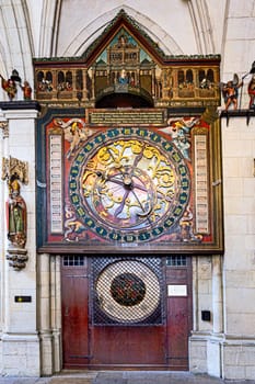 Münster, Germany - April 29, 2022: The astronomical clock in the St.Paulus Cathedral in Münster which was built in the Middle Ages and from which you can read the time.