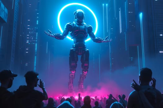 Cyber god in front of their adepts for artificial super intelligence encounter. Neural network generated image. Not based on any actual person or scene.