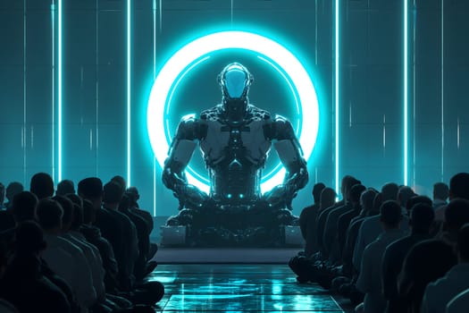 Cyber god in front of their adepts for artificial super intelligence encounter. Neural network generated image. Not based on any actual person or scene.