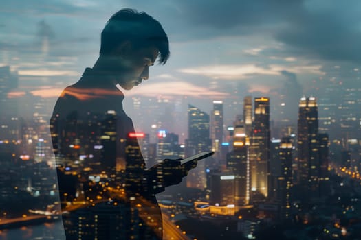 Double exposure of business and a city - Asian businessman using a digital tablet superimposed on a city skyline. Neural network generated image. Not based on any actual person or scene.