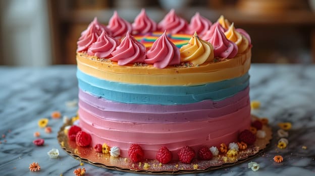 Rainbow LGBT flag colored cake on kitchen table. Neural network generated in January 2024. Not based on any actual scene or pattern.