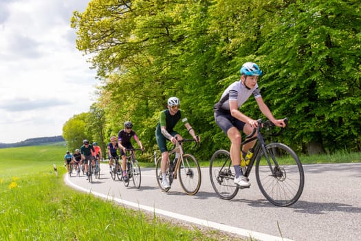 Frankfurt, Germany - May 7, 2022: group of bicycle sportler have a race in the beautiful Rheingau area in Germany.
