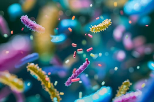 Diverse colorful abstract microbiome, containing many different types of microorganisms. Neural network generated in January 2024. Not based on any actual scene or pattern.