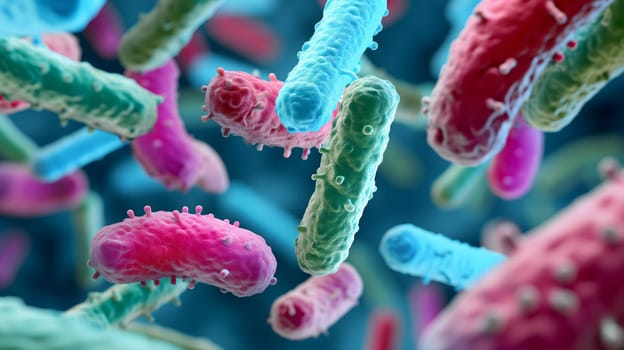 Diverse colorful abstract microbiome, containing many different types of microorganisms. Neural network generated in January 2024. Not based on any actual scene or pattern.