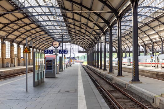 Wiesbaden, Germany - May 13, 2022: scenic classical historic train station in Wiesbaden, Germany.