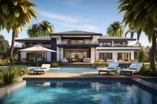 Luxury hotel. Contemporary modern house. Exterior of real estate. Holiday villa with swimming pool. Business resort. Hotel lounge. Residence. Mansion. Exclusive house. Travel summer vacation destination