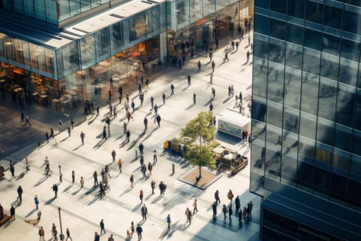 Aerial view of crowded downtown in the city. Drone view of financial and commercial district. High glass buildings with offices and stores. Modern architecture. People walking on the city square