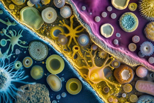 Diverse colorful abstract microbiome, containing many different types of microorganisms. Neural network generated in January 2024. Not based on any actual scene or pattern.