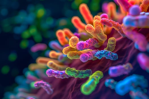 Diverse colorful abstract microbiome, containing many different types of microorganisms. Neural network generated in January 2024. Not based on any actual scene or pattern.