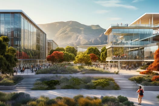 Modern university buildings. Futuristic school. Modern academy. College campus. Glass buildings. Eco-friendly university with green park. Business center. Sustainable study and work commute. Exterior of real estate