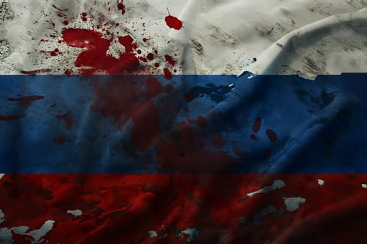 Russian flag covered with blood splatter fill-frame close view. Neural network generated in January 2024. Not based on any actual scene.