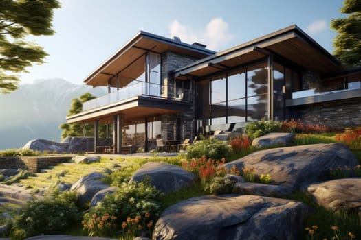 Luxury hotel. Contemporary modern house. Exterior of real estate. Holiday villa with garden. Business resort. Hotel lounge. Glass house. Travel summer vacation destination