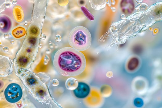 Diverse colorful abstract microbiome, containing many different types of microorganisms. Neural network generated in January 2024. Not based on any actual scene or pattern.
