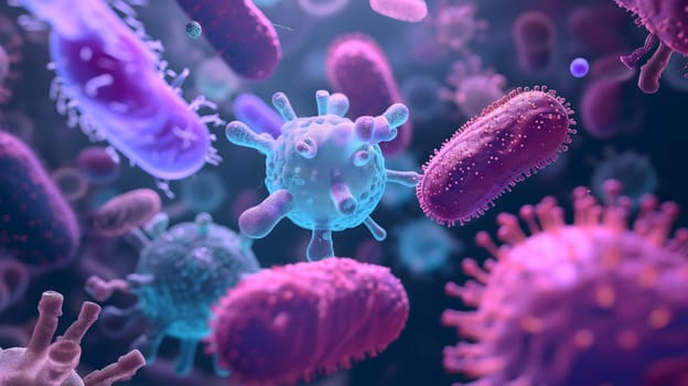 Diverse colorful abstract microbiome, containing many different types of microorganisms. Neural network generated in January 2024. Not based on any actual scene or pattern.