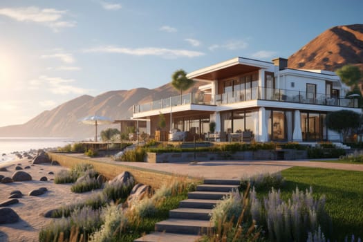 Luxury hotel. Contemporary modern house. Exterior of real estate. Holiday villa with swimming pool. Business resort. Hotel lounge. Glass house. Travel during summer vacation
