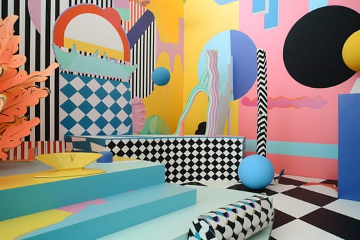 abstract background of playful convergence of 2D pop-art graphics and 3D geometric shapes creating a vibrant multiverse portal, embodying high-energy and big-impact visuals. Neural network generated image. Not based on any actual scene or pattern.
