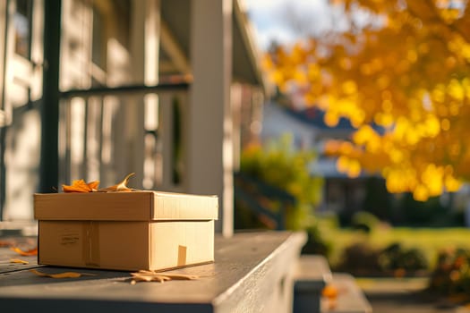 Cardboard box in front of residential home entrance at sunny day. Neural network generated image. Not based on any actual person or scene.