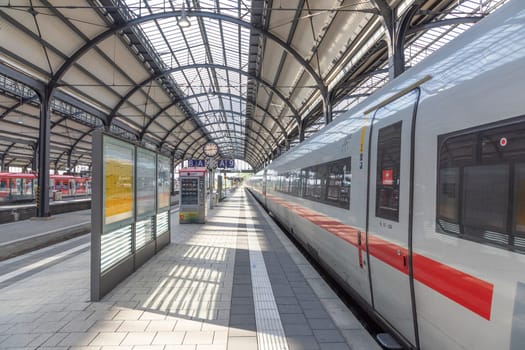 Wiesbaden, Germany - May 13, 2022: scenic classicistic historic train station in Wiesbaden, Germany..
