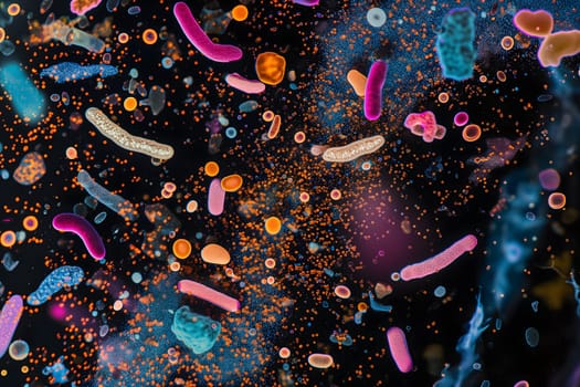 Diverse colorful abstract microbiome, containing many different types of microorganisms. Neural network generated in January 2024. Not based on any actual scene or pattern.