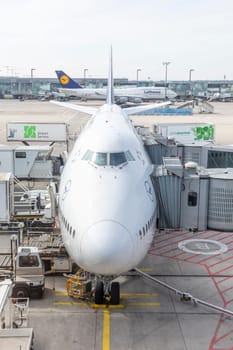 Frankfurt, Germany - May 17, 2022: lufthansa aircraft at the gate in Frankfurt.