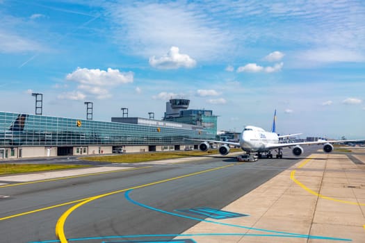 Frankfurt, Germany - May 17, 2022: lufthansa aircraft at the taxiway on the way to runway.
