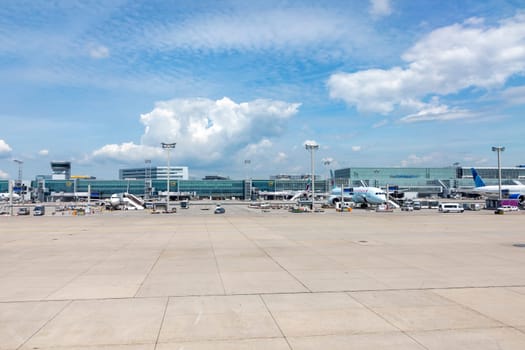 Frankfurt, Germany - May 17, 2022: aircraft at terminal 2 at Frankfurt airport.