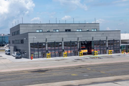 Frankfurt, Germany - May 17, 2022: Frankfurt international airport fire brigade at runway ready for emergency alarm.