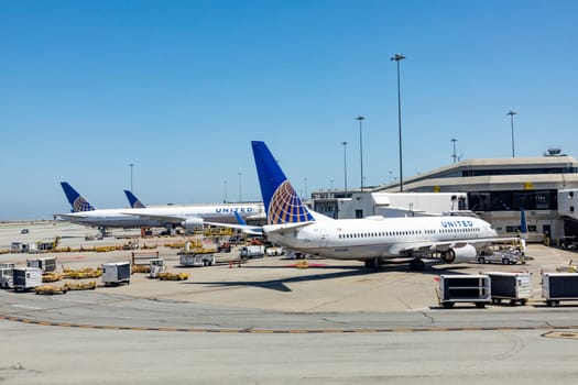 San Francisco, USA - May 17, 2022:  united aircraft at the gate at San Francisco airport. San Francisco is home base for united.