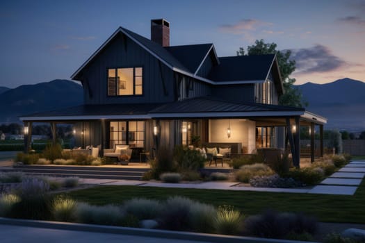 Small house near the mountains. Holiday lodge close to nature. Summer holiday cottage with garden. Exterior of real estate. Travel accommodation. Summer vacation destination