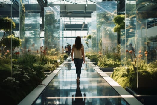 Corporate luxury modern interior. Business open space. Hotel lobby. Business people walking in modern glass company office building. High glass walls. Green interior with many plants. Contemporary building