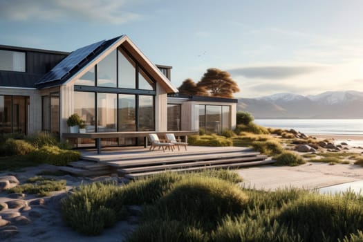 Holiday lodge near the sea with solar panels. Summer house with private beach. Holiday house. Exterior of real estate. Travel accommodation. Summer vacation destination