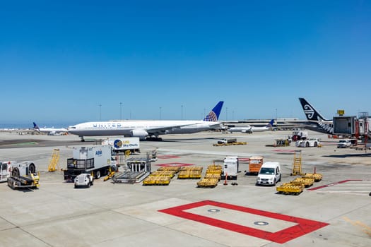 San Francisco, USA - May 17, 2022:  united aircraft at the gate at San Francisco airport. San Francisco is home base for united.