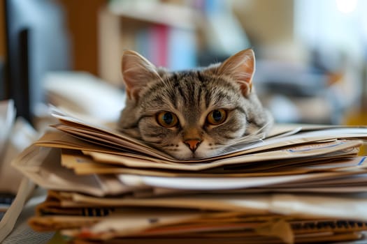cat in an office, overwhelmed by a mountains of paperwork. Neural network generated in January 2024. Not based on any actual scene or pattern.