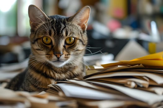 cat in an office, overwhelmed by a mountains of paperwork. Neural network generated in January 2024. Not based on any actual scene or pattern.