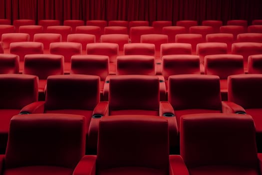 Empty red seats in cinema, domestic intimacy, zoom in, up close. Neural network generated in January 2024. Not based on any actual scene or pattern.