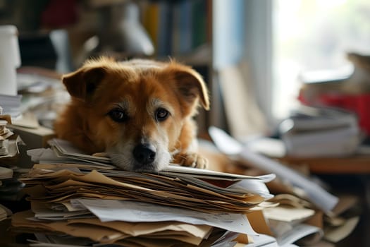dog in an office, overwhelmed by a mountains of paperwork. Neural network generated in January 2024. Not based on any actual scene or pattern.