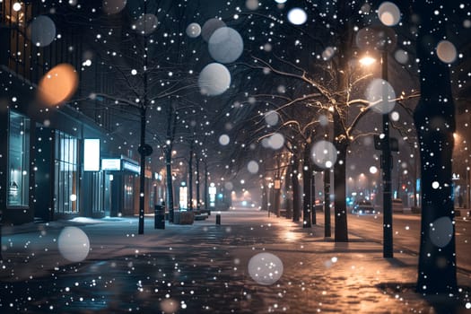 Generic snowfall at the city street closeup background with selective focus. Neural network generated in January 2024. Not based on any actual scene or pattern.