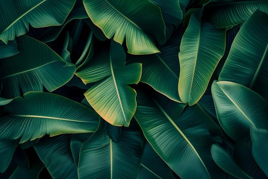 Abstract tropical banana leaves dark green full-frame background. Neural network generated in January 2024. Not based on any actual scene or pattern.