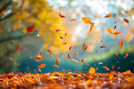 Beautiful autumn view with colorful foliage in the park. Falling leaves background with copy space and selective focus. Neural network generated in January 2024. Not based on any actual scene or pattern.
