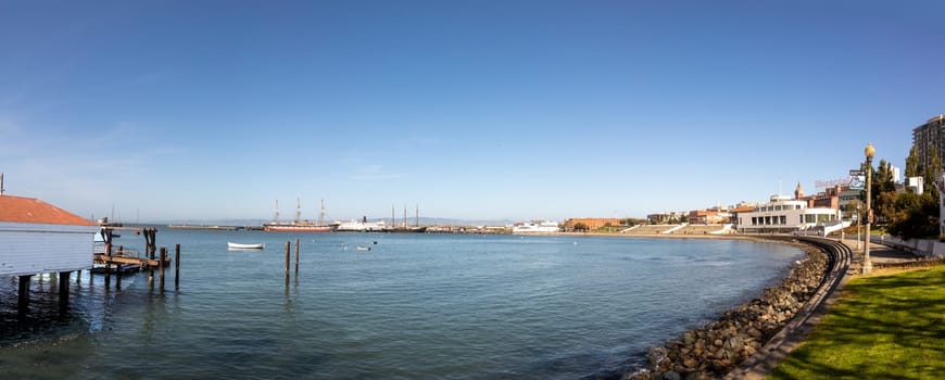 San Francisco, USA - May 18, 2022: view to famous white modern Maritime Museum at the bay of San Francisco in early morning light.