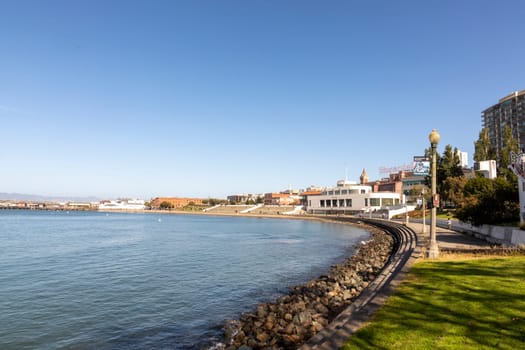 San Francisco, USA - May 18, 2022: view to famous white modern Maritime Museum at the bay of San Francisco in early morning light.