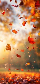 Beautiful autumn view with colorful foliage in the park. Falling leaves background with copy space and selective focus. Neural network generated in January 2024. Not based on any actual scene or pattern.