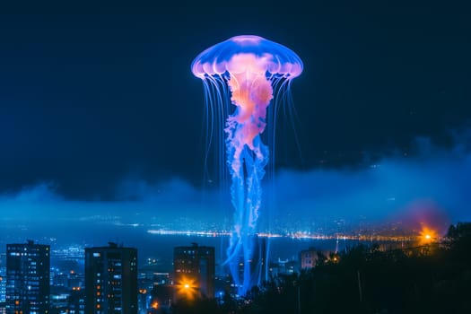 Glowing blue jellyfish UFO over night city. Neural network generated image. Not based on any actual scene or pattern.